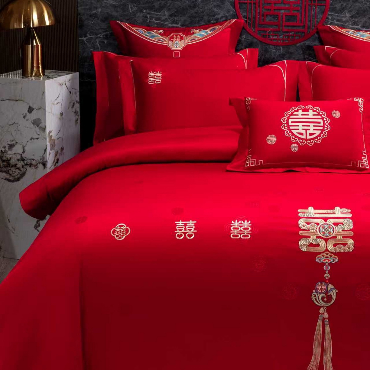 91家纺网 家纺一手货源 找家纺 蒂爵 2026年100支婚庆长绒棉纯棉时尚小红书爆款刺绣婚庆四件套多件套280系列 喜韵佳缘