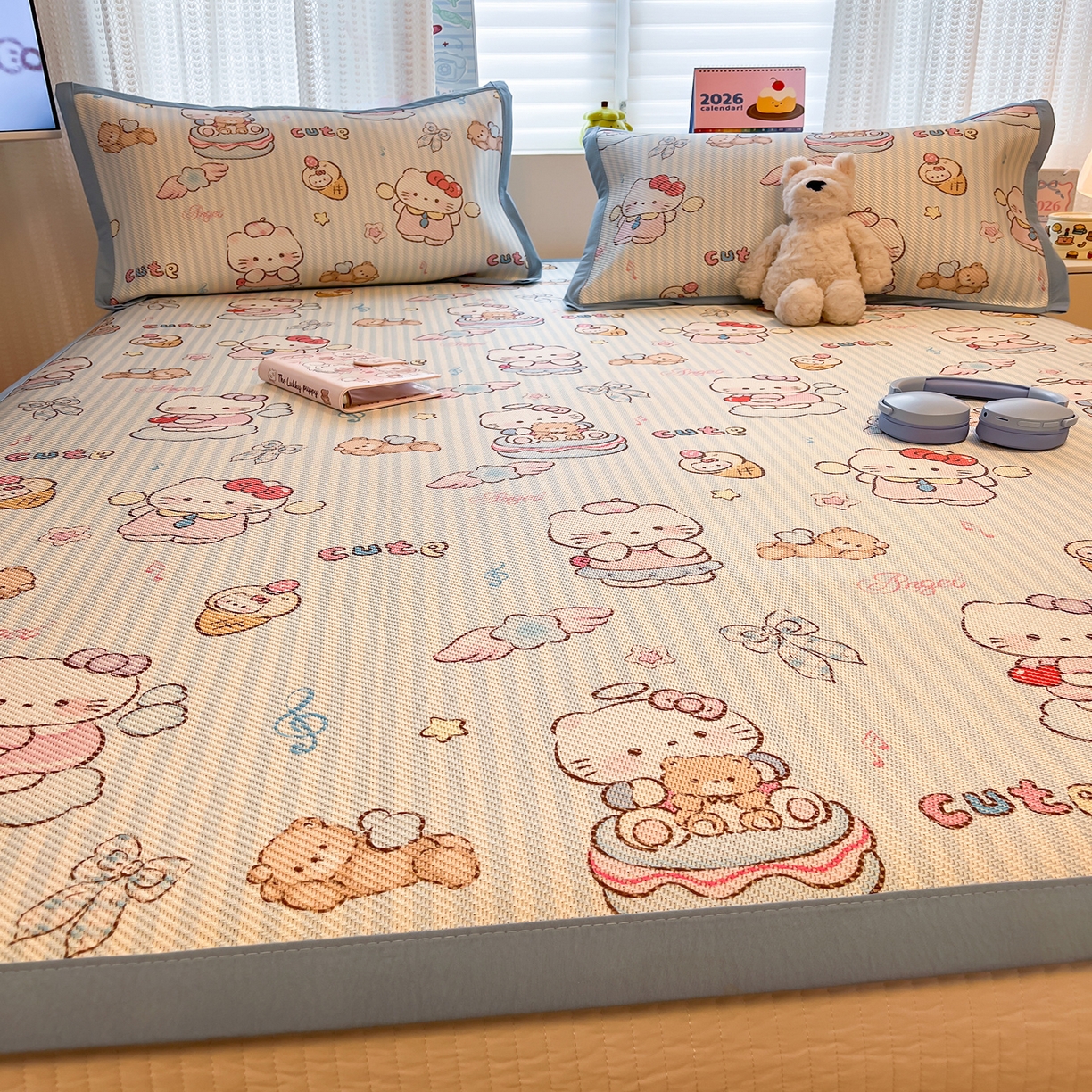 91家纺网 家纺一手货源 找家纺 懒猫家纺 2026春夏新款600D数码印花冰藤凉席席子-床席款 甜心天使