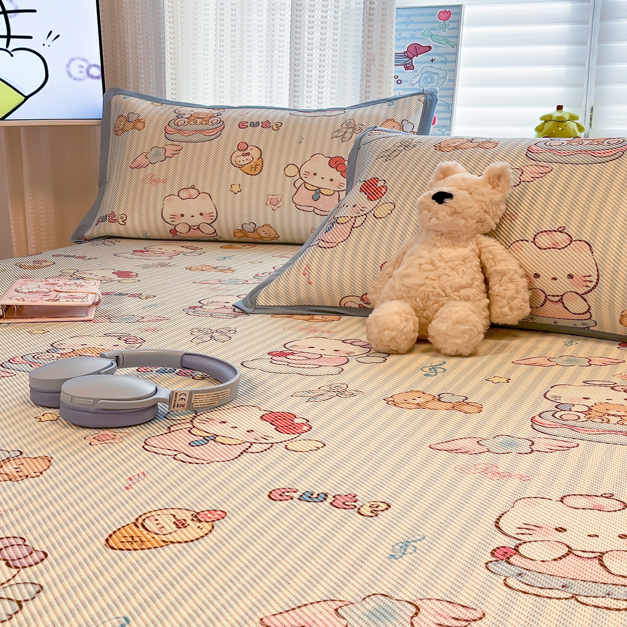 91家纺网 家纺一手货源 找家纺 懒猫家纺 2026春夏新款600D数码印花冰藤凉席席子-床席款 甜心天使