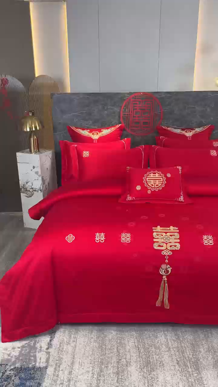 91家纺网 家纺一手货源 找家纺 蒂爵 2026年100支婚庆长绒棉纯棉时尚小红书爆款刺绣婚庆四件套多件套280系列 喜韵佳缘