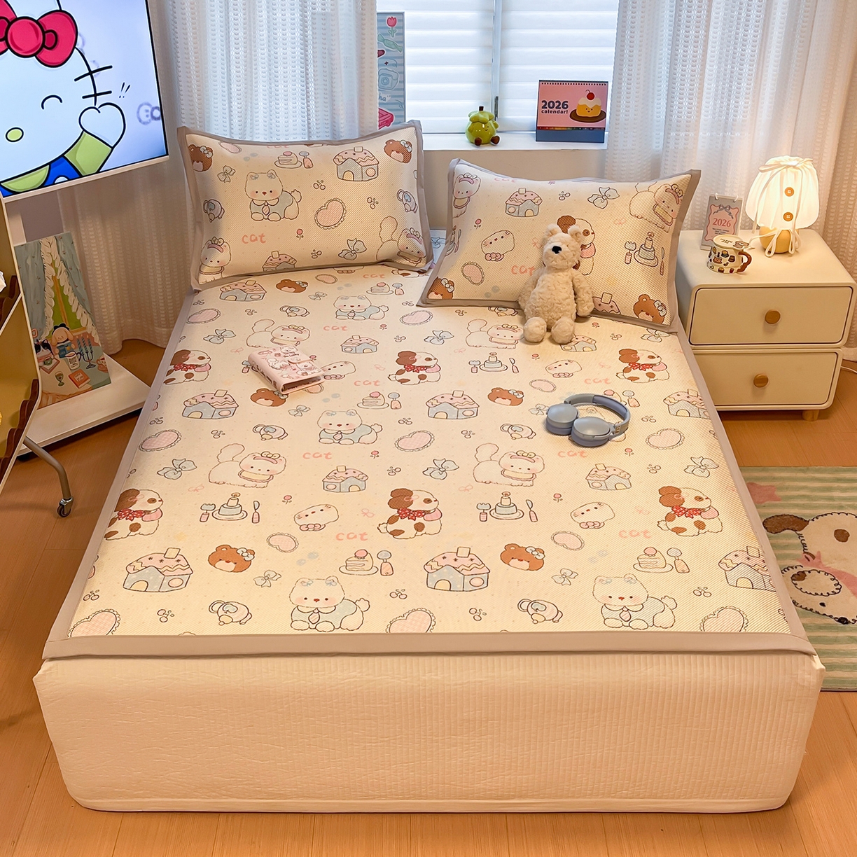 91家纺网 家纺一手货源 找家纺 懒猫家纺 2026春夏新款600D数码印花冰藤凉席席子-床席款 甜品小屋