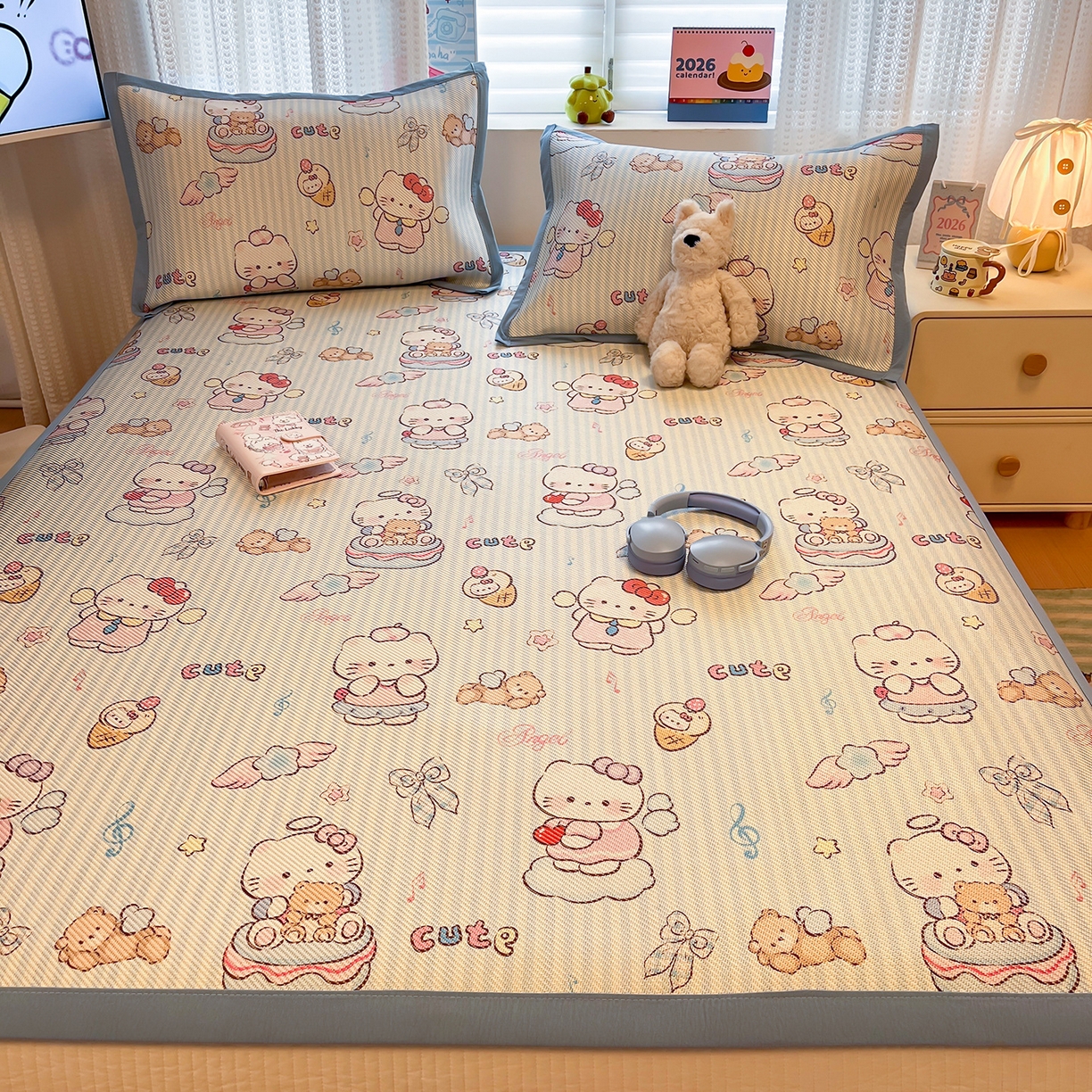 91家纺网 家纺一手货源 找家纺 懒猫家纺 2026春夏新款600D数码印花冰藤凉席席子-床席款 甜心天使