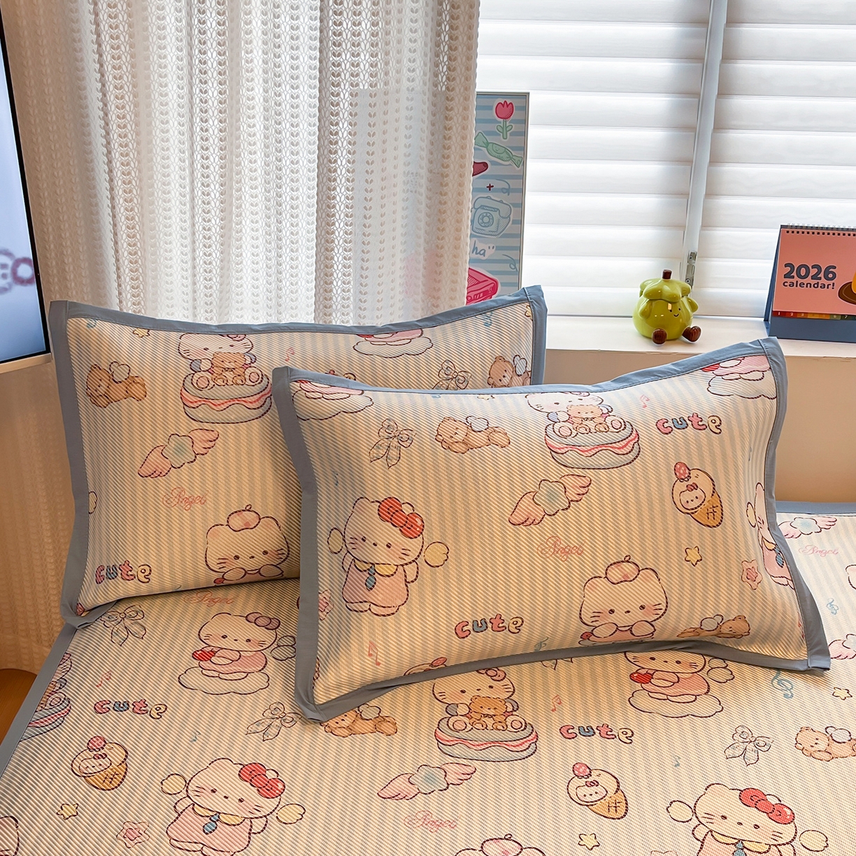 91家纺网 家纺一手货源 找家纺 懒猫家纺 2026春夏新款600D数码印花冰藤凉席席子-床席款 甜心天使