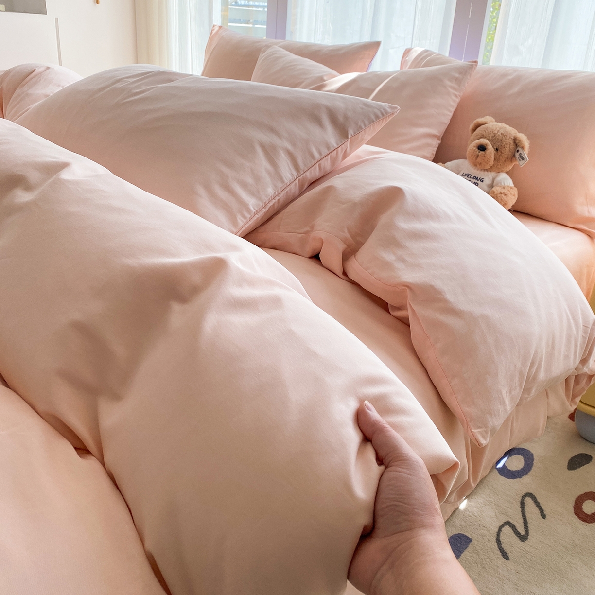 91家纺网 家纺一手货源 找家纺 女子家纺 2026新款全棉纯棉水洗棉布标四件套 公主粉