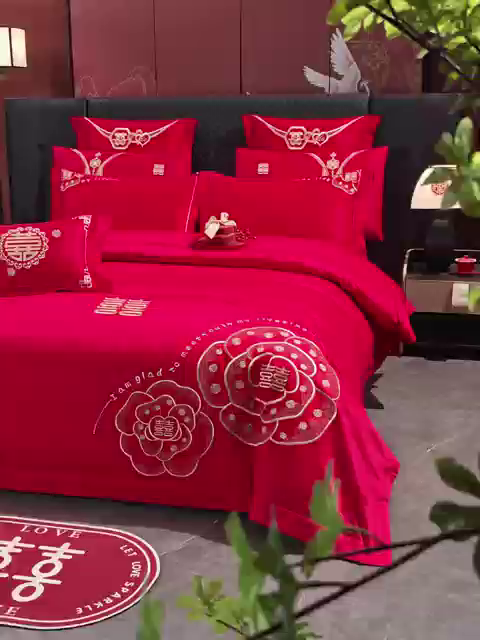 91家纺网 家纺一手货源 找家纺 蒂爵 2026年100支婚庆长绒棉纯棉时尚小红书爆款刺绣婚庆四件套多件套280系列 幸福约定金