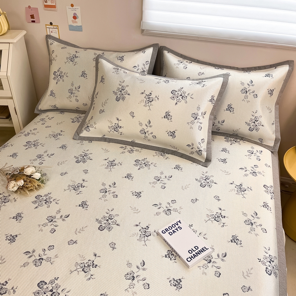 91家纺网 家纺一手货源 找家纺 懒猫家纺 2026春夏新款600D数码印花冰藤凉席席子-床席款 时光清浅