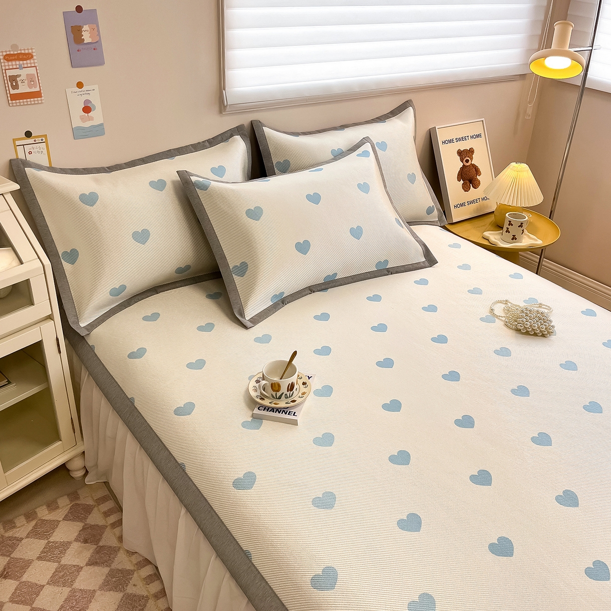 91家纺网 家纺一手货源 找家纺 懒猫家纺 2026春夏新款600D数码印花冰藤凉席席子-床席款 小爱心