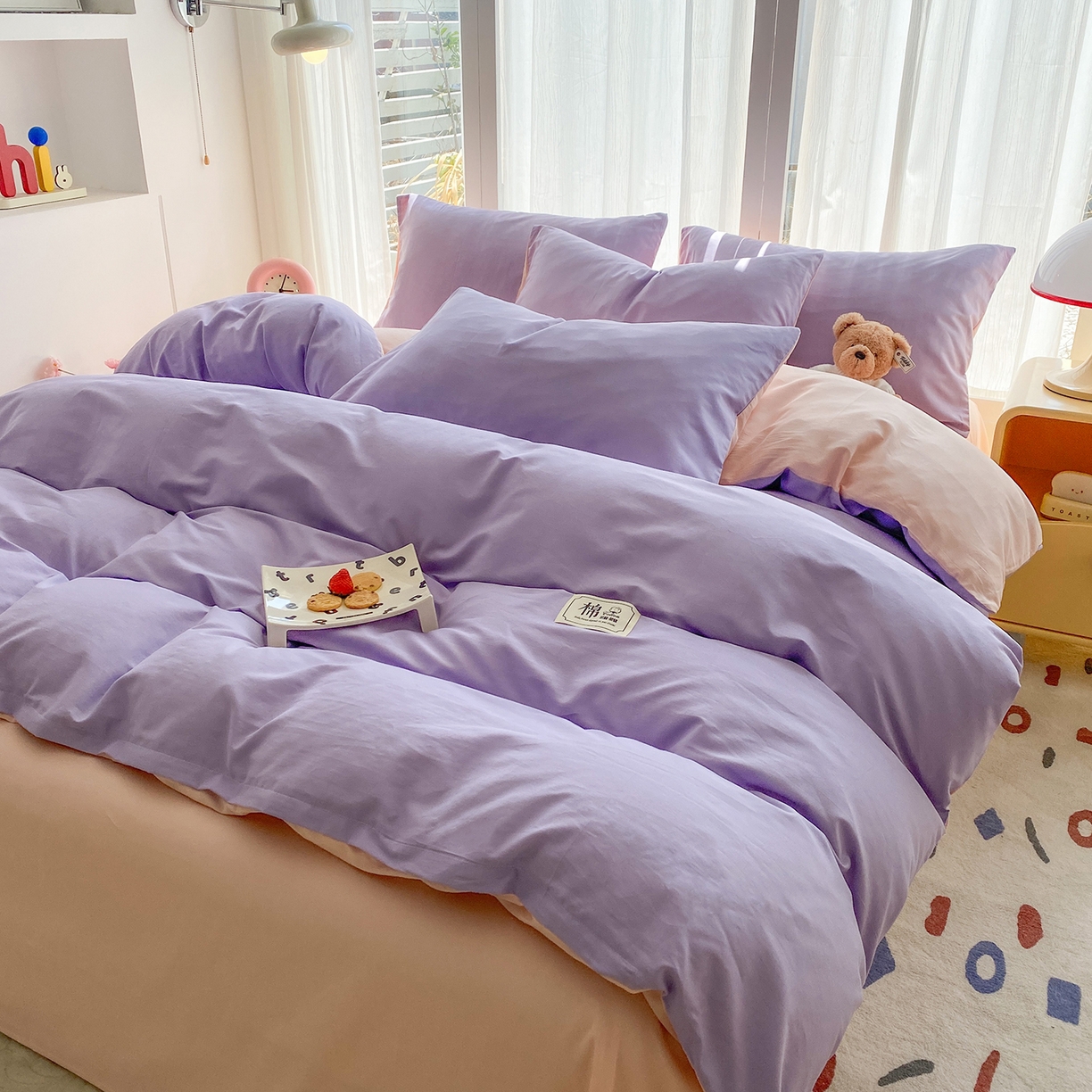 91家纺网 家纺一手货源 找家纺 女子家纺 2026新款全棉纯棉水洗棉布标四件套 丁香紫