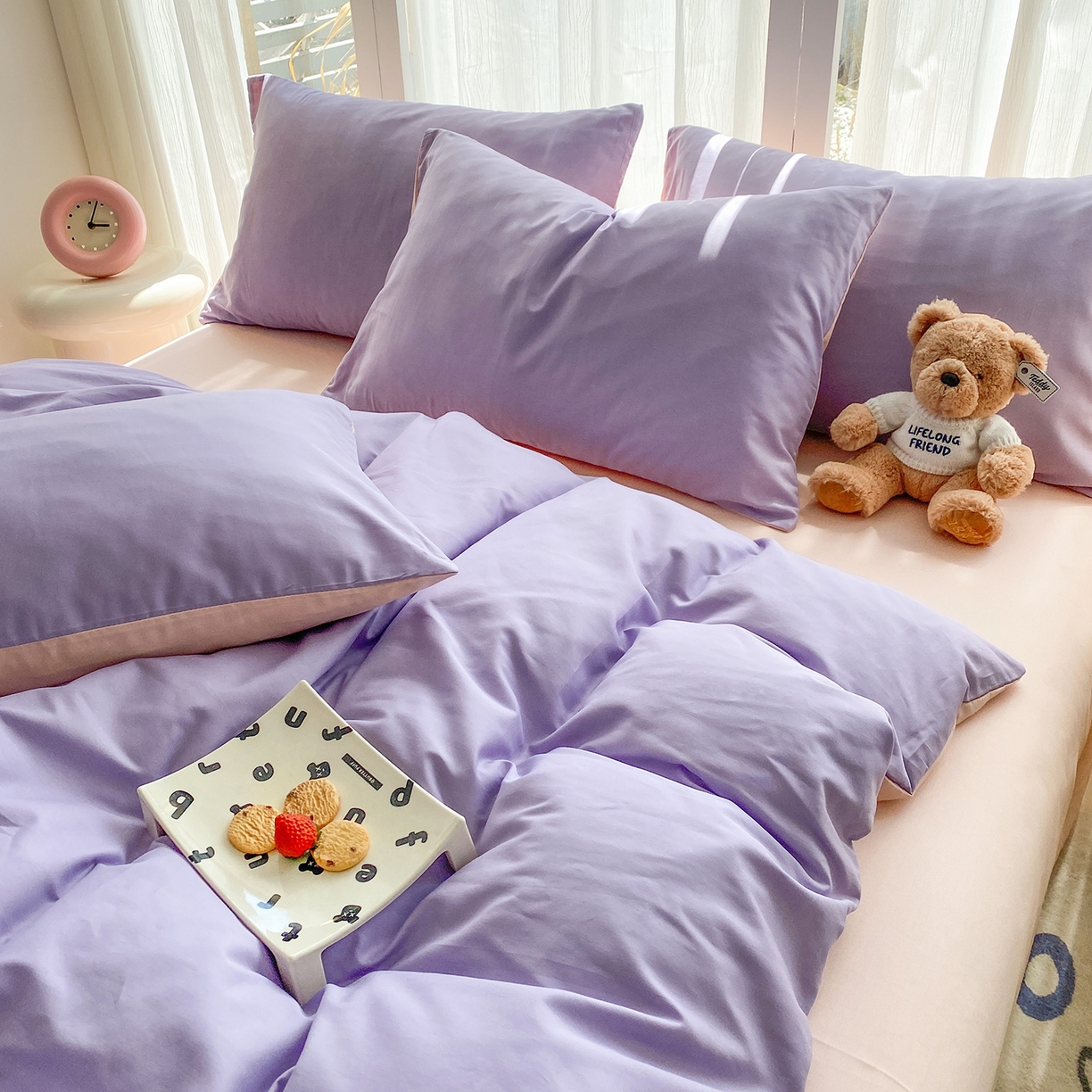 91家纺网 家纺一手货源 找家纺 女子家纺 2026新款全棉纯棉水洗棉布标四件套 丁香紫