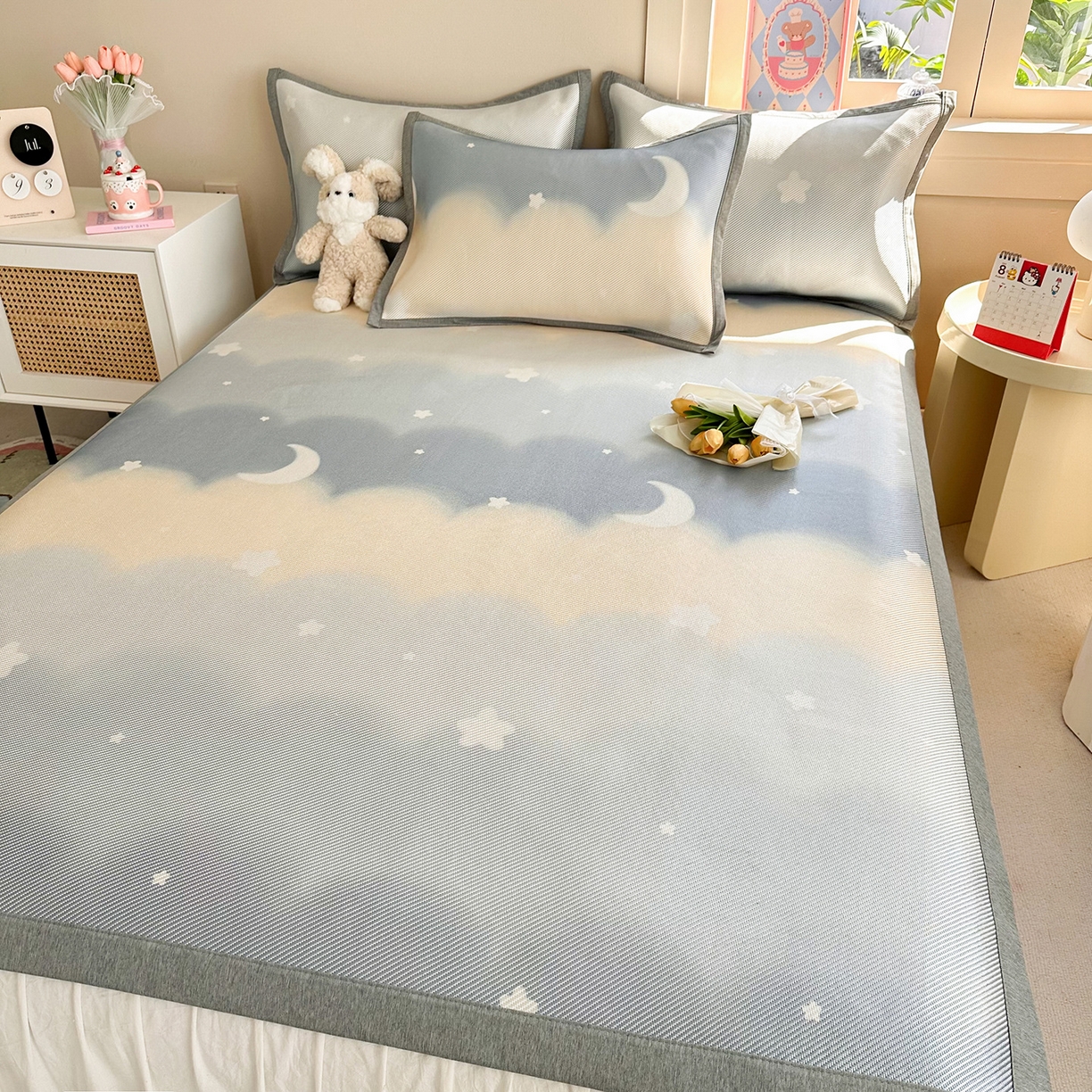 91家纺网 家纺一手货源 找家纺 懒猫家纺 2026春夏新款600D数码印花冰藤凉席席子-床席款 星月