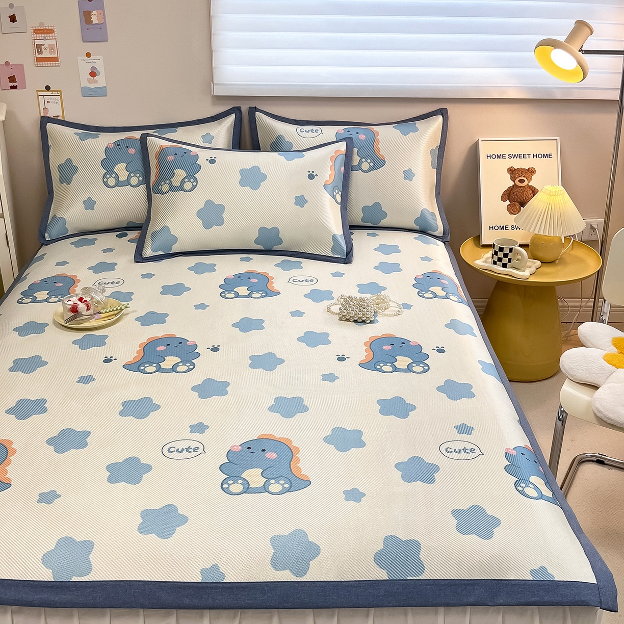 懒猫家纺 2026春夏新款600D数码印花冰藤凉席席子-床席款 小恐龙