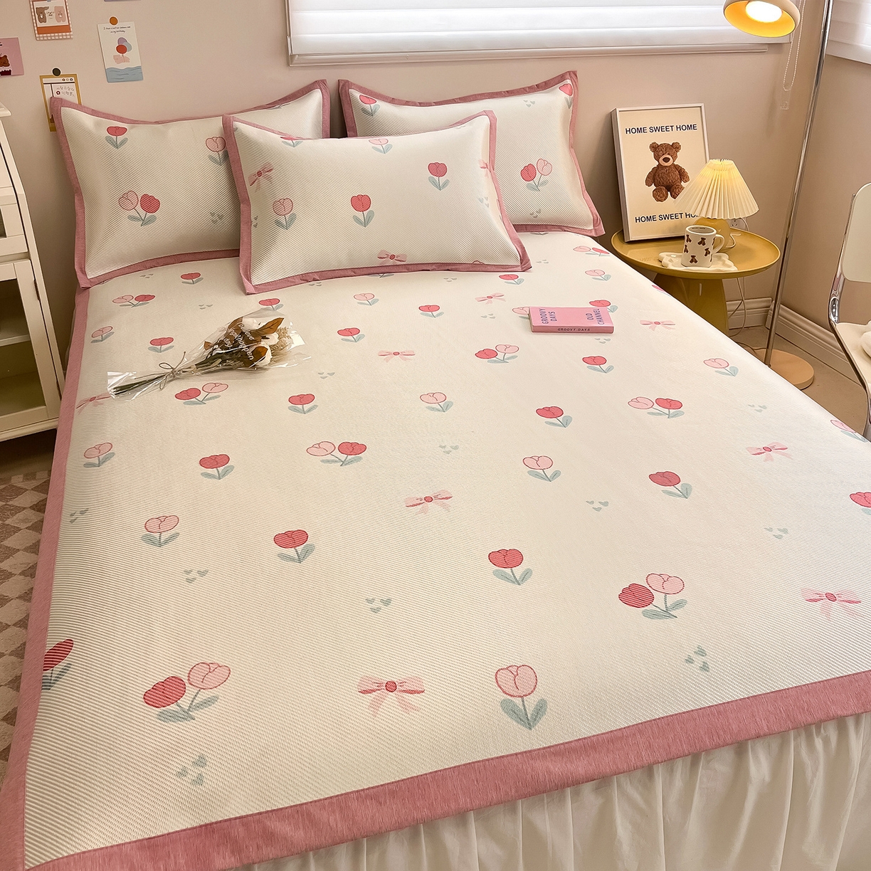 91家纺网 家纺一手货源 找家纺 懒猫家纺 2026春夏新款600D数码印花冰藤凉席席子-床席款 郁金香