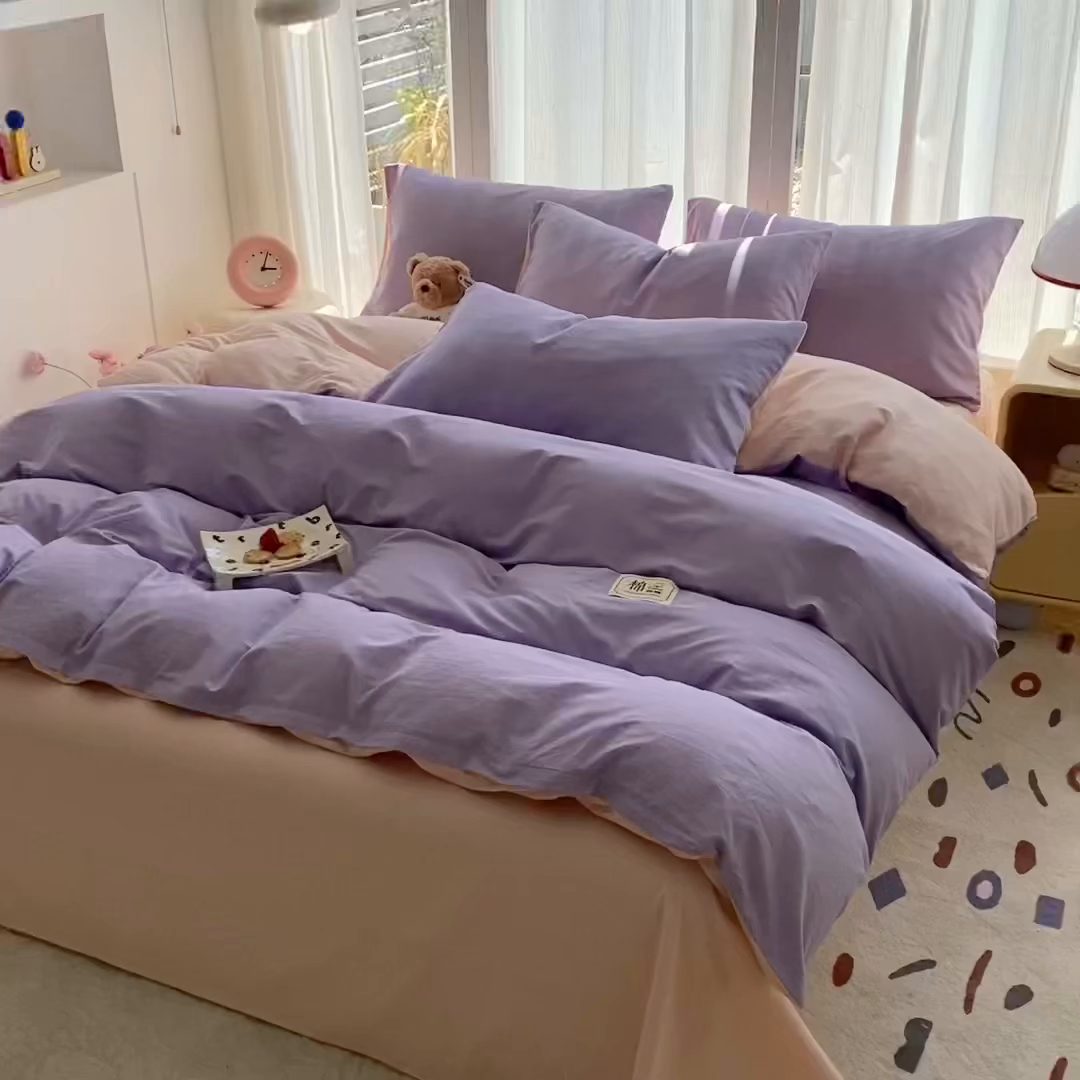 91家纺网 家纺一手货源 找家纺 女子家纺 2026新款全棉纯棉水洗棉布标四件套 丁香紫