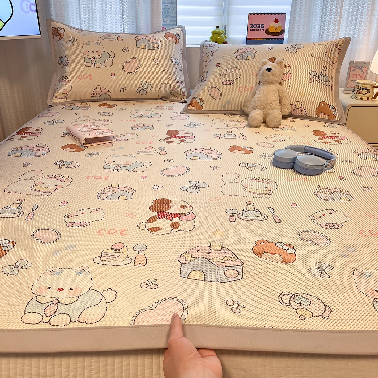 懒猫家纺 2026春夏新款600D数码印花冰藤凉席席子-床席款 甜品小屋