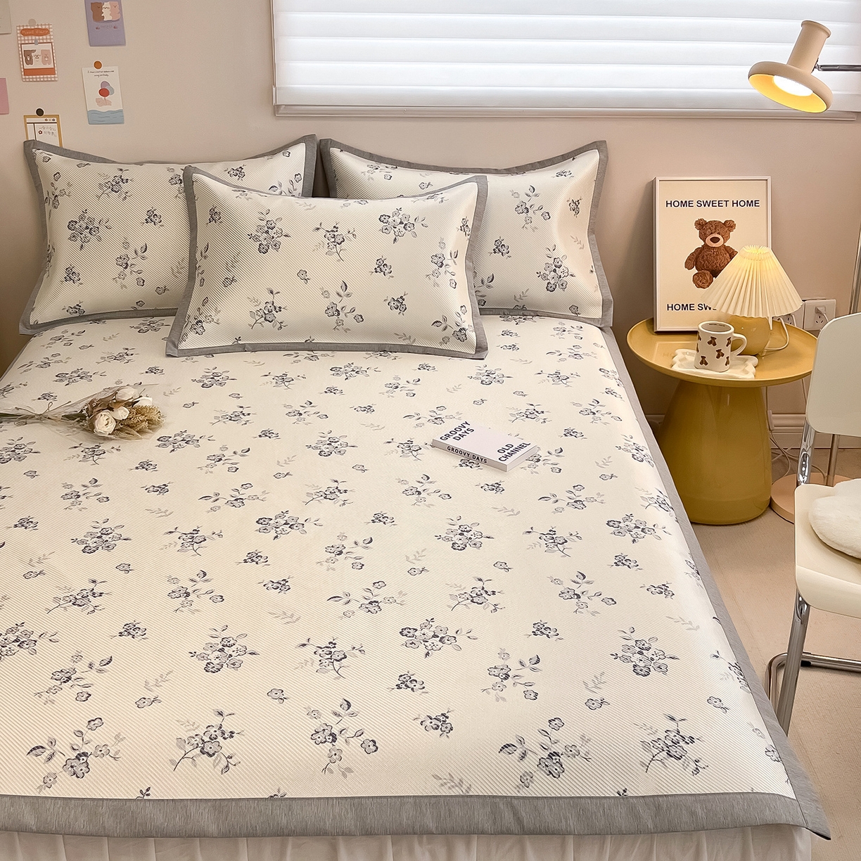 懒猫家纺 2026春夏新款600D数码印花冰藤凉席席子-床席款 时光清浅