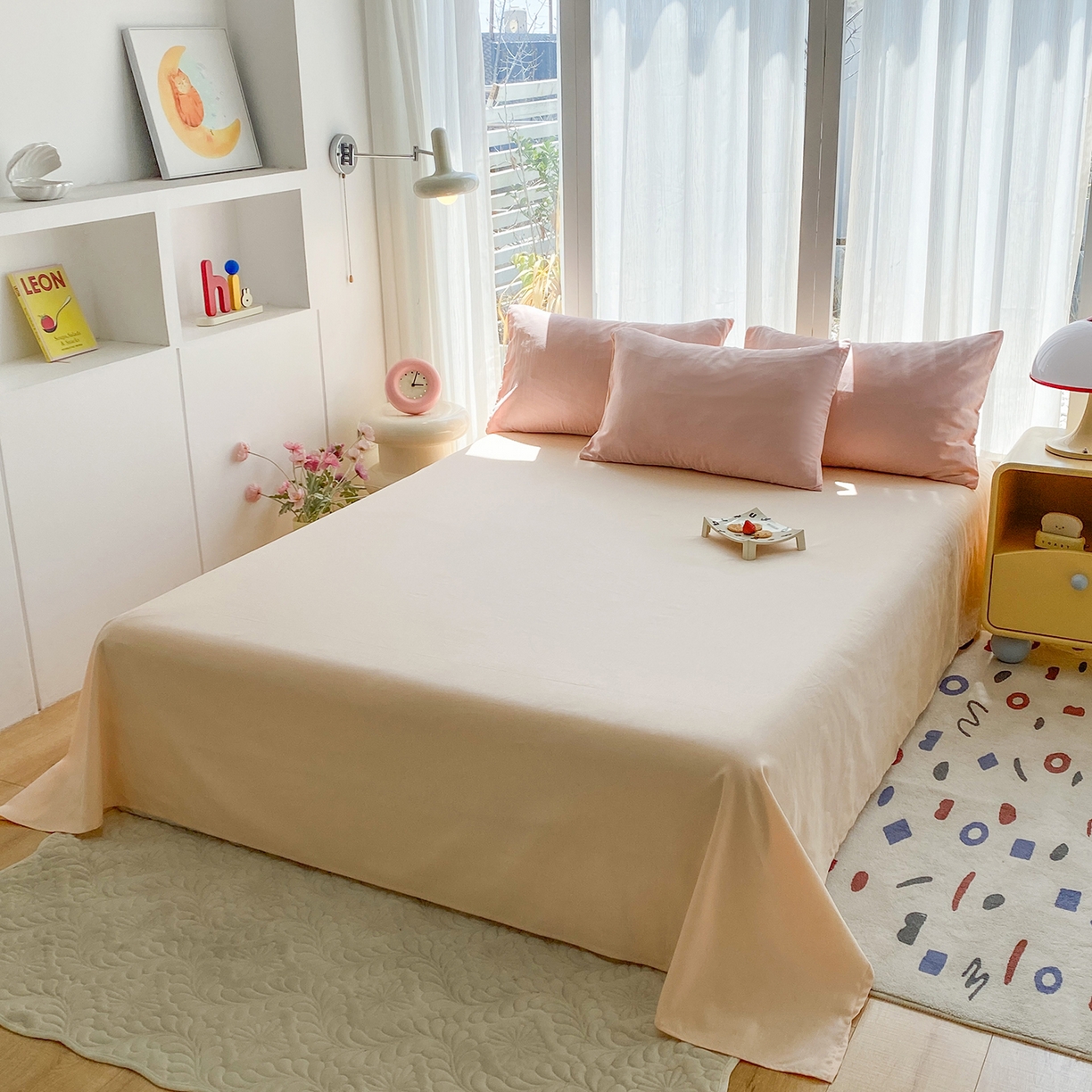 91家纺网 家纺一手货源 找家纺 女子家纺 2026新款全棉纯棉水洗棉布标四件套 公主粉+杏色