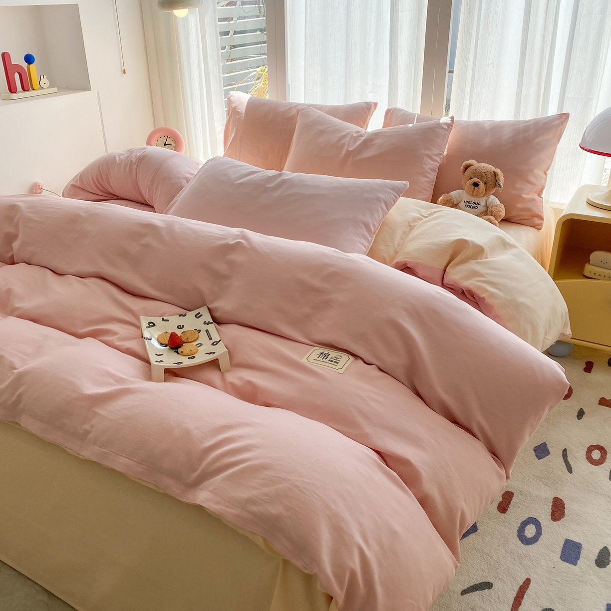 91家纺网 家纺一手货源 找家纺 女子家纺 2026新款全棉纯棉水洗棉布标四件套 公主粉+杏色