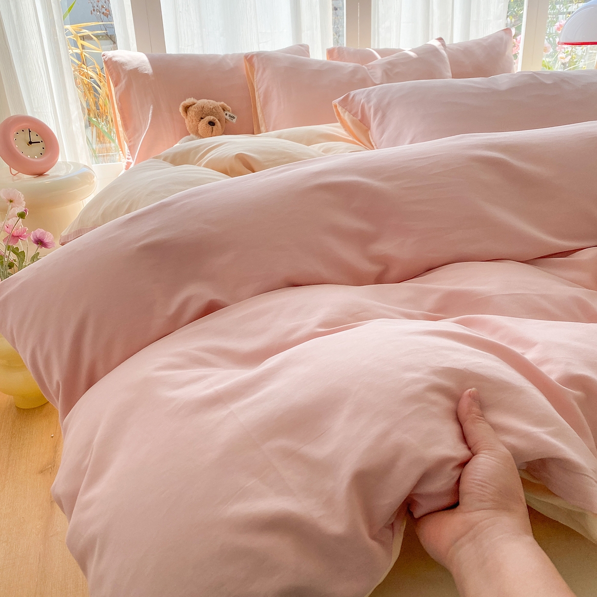 91家纺网 家纺一手货源 找家纺 女子家纺 2026新款全棉纯棉水洗棉布标四件套 公主粉+杏色