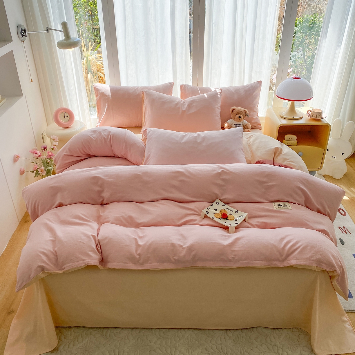 91家纺网 家纺一手货源 找家纺 女子家纺 2026新款全棉纯棉水洗棉布标四件套 公主粉+杏色