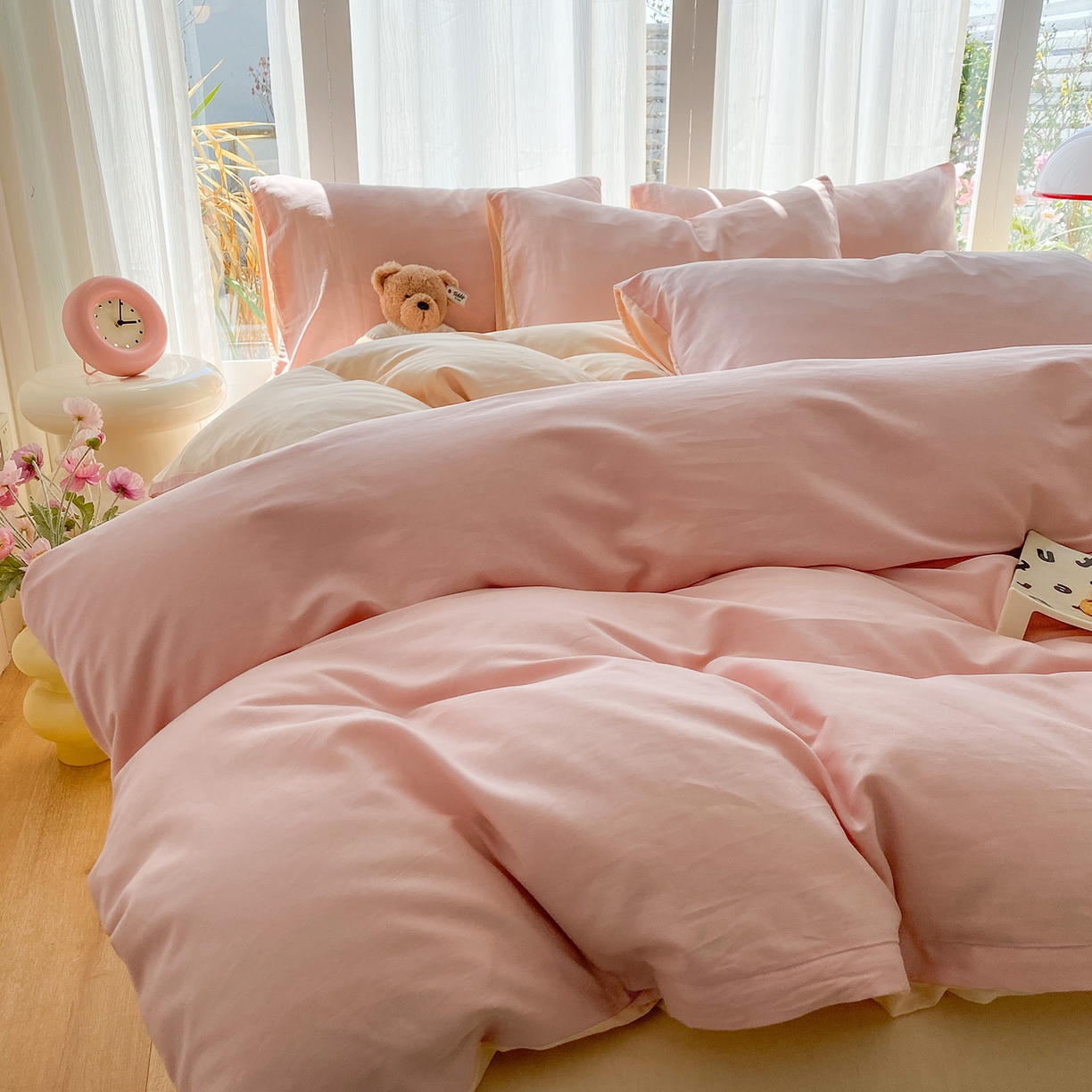 91家纺网 家纺一手货源 找家纺 女子家纺 2026新款全棉纯棉水洗棉布标四件套 公主粉+杏色