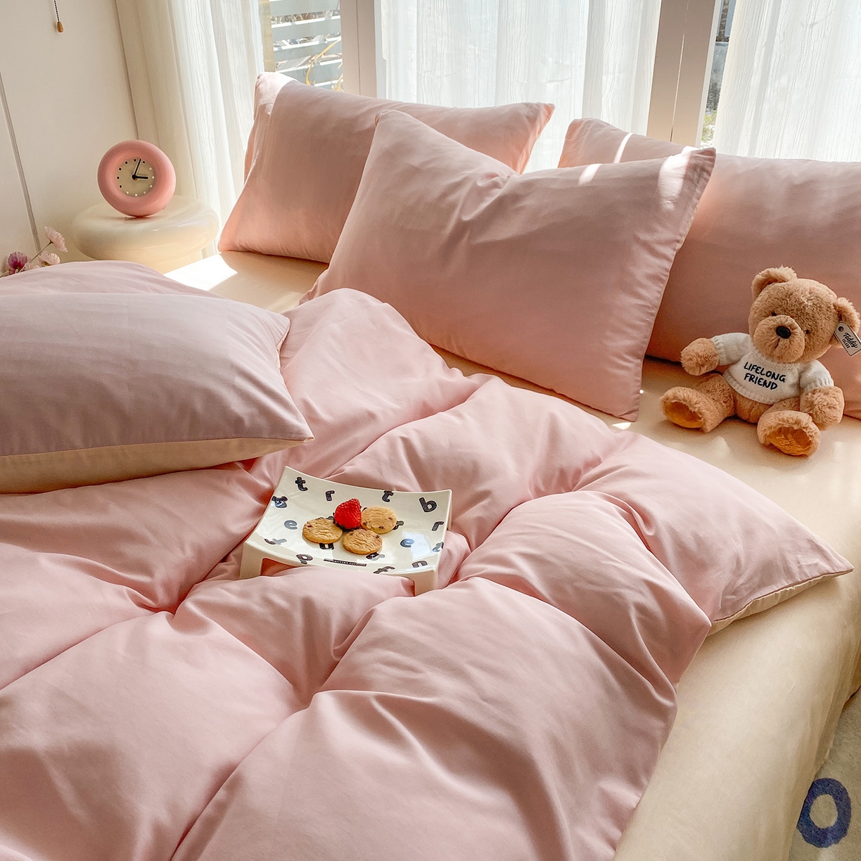 91家纺网 家纺一手货源 找家纺 女子家纺 2026新款全棉纯棉水洗棉布标四件套 公主粉+杏色