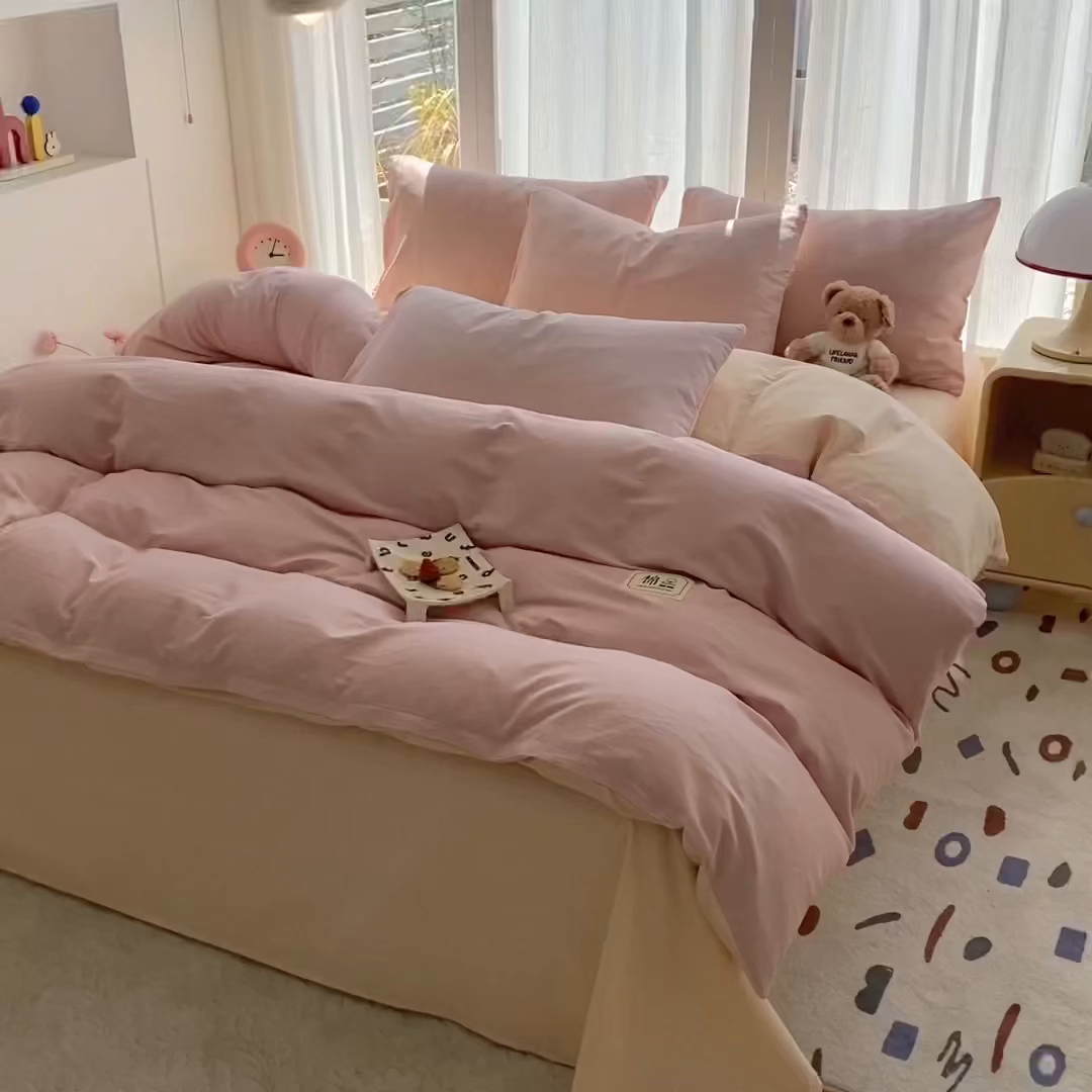 91家纺网 家纺一手货源 找家纺 女子家纺 2026新款全棉纯棉水洗棉布标四件套 公主粉+杏色