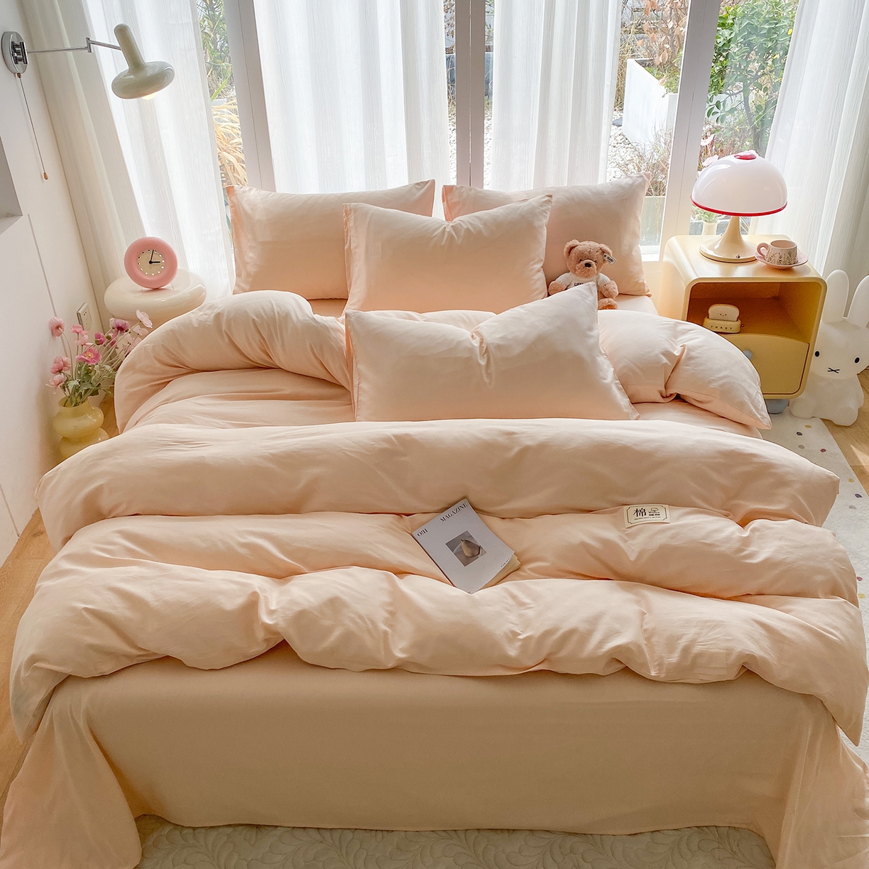 91家纺网 家纺一手货源 找家纺 女子家纺 2026新款全棉纯棉水洗棉布标四件套 米杏