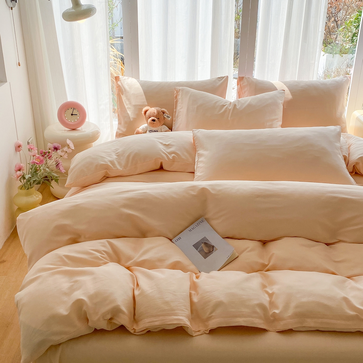 91家纺网 家纺一手货源 找家纺 女子家纺 2026新款全棉纯棉水洗棉布标四件套 米杏