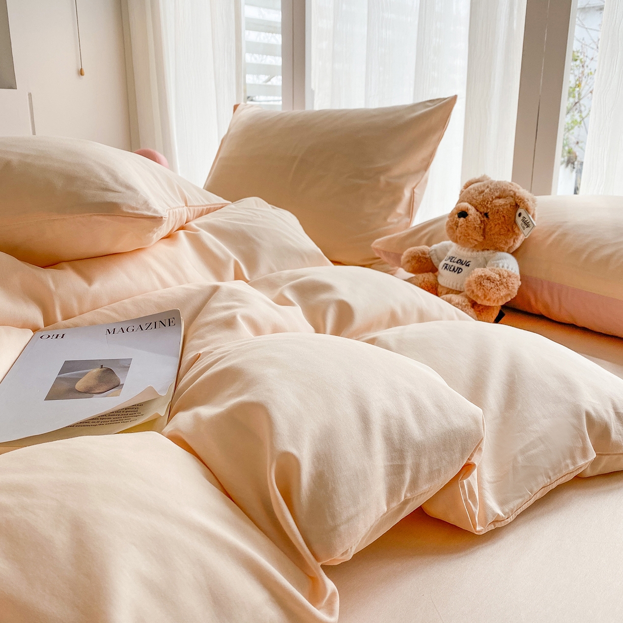 91家纺网 家纺一手货源 找家纺 女子家纺 2026新款全棉纯棉水洗棉布标四件套 米杏