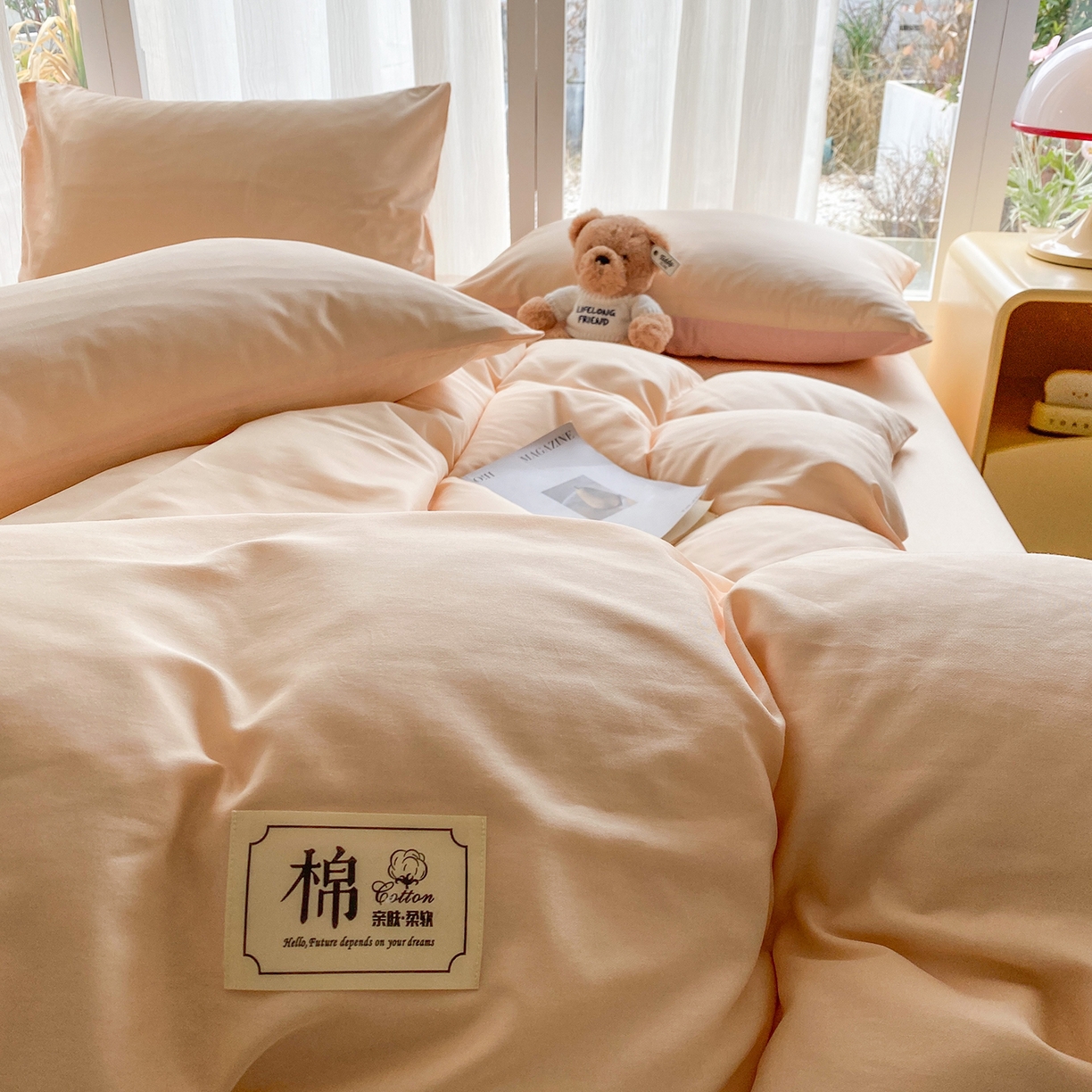 91家纺网 家纺一手货源 找家纺 女子家纺 2026新款全棉纯棉水洗棉布标四件套 米杏