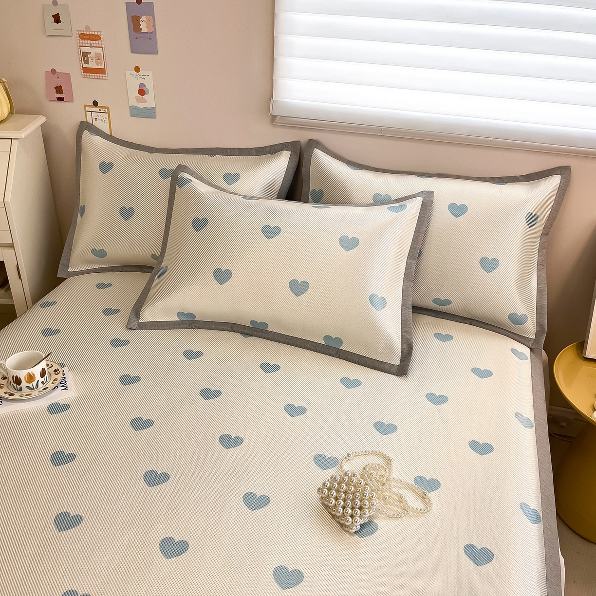 91家纺网 家纺一手货源 找家纺 懒猫家纺 2026春夏新款600D数码印花冰藤凉席席子-床席款 小爱心