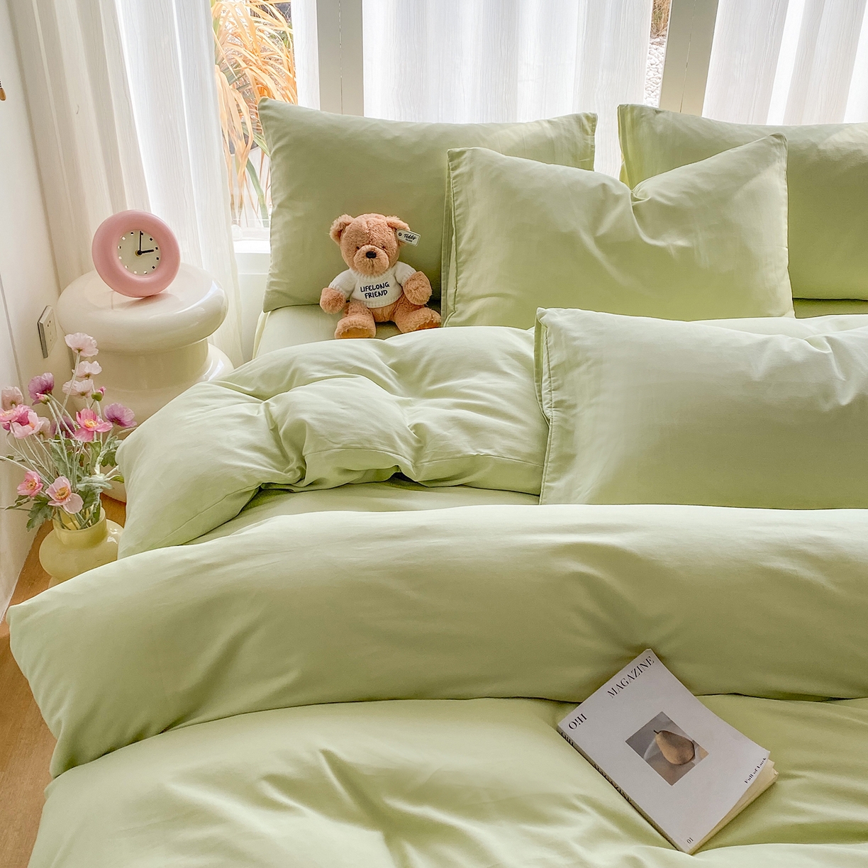 91家纺网 家纺一手货源 找家纺 女子家纺 2026新款全棉纯棉水洗棉布标四件套 抹茶绿