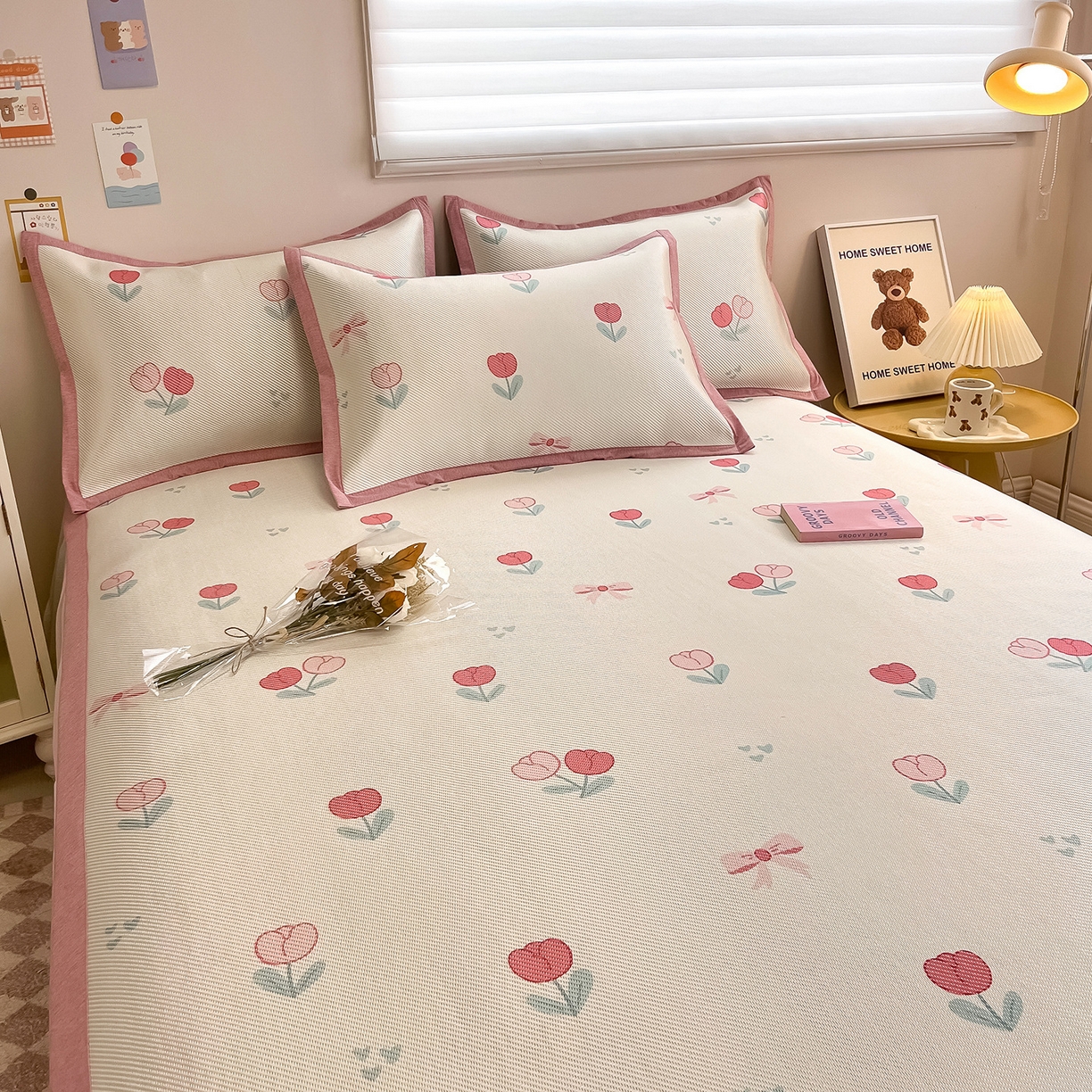 91家纺网 家纺一手货源 找家纺 懒猫家纺 2026春夏新款600D数码印花冰藤凉席席子-床席款 郁金香