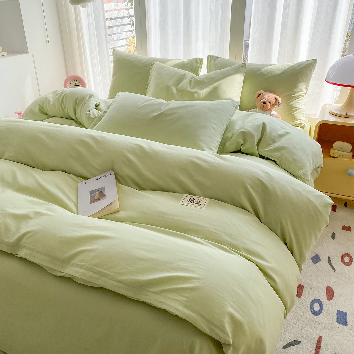 91家纺网 家纺一手货源 找家纺 女子家纺 2026新款全棉纯棉水洗棉布标四件套 抹茶绿