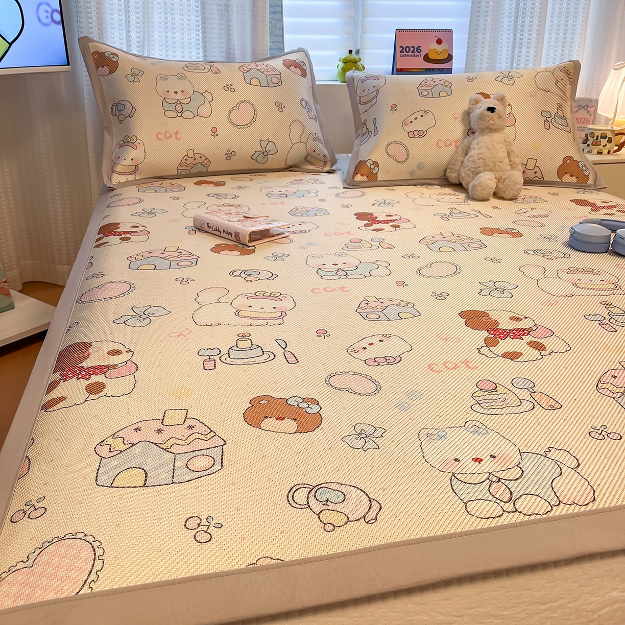 91家纺网 家纺一手货源 找家纺 懒猫家纺 2026春夏新款600D数码印花冰藤凉席席子-床席款 甜品小屋