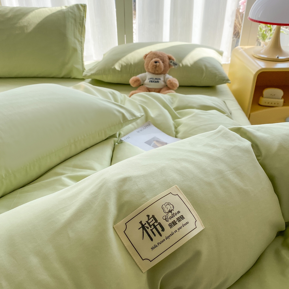 91家纺网 家纺一手货源 找家纺 女子家纺 2026新款全棉纯棉水洗棉布标四件套 抹茶绿