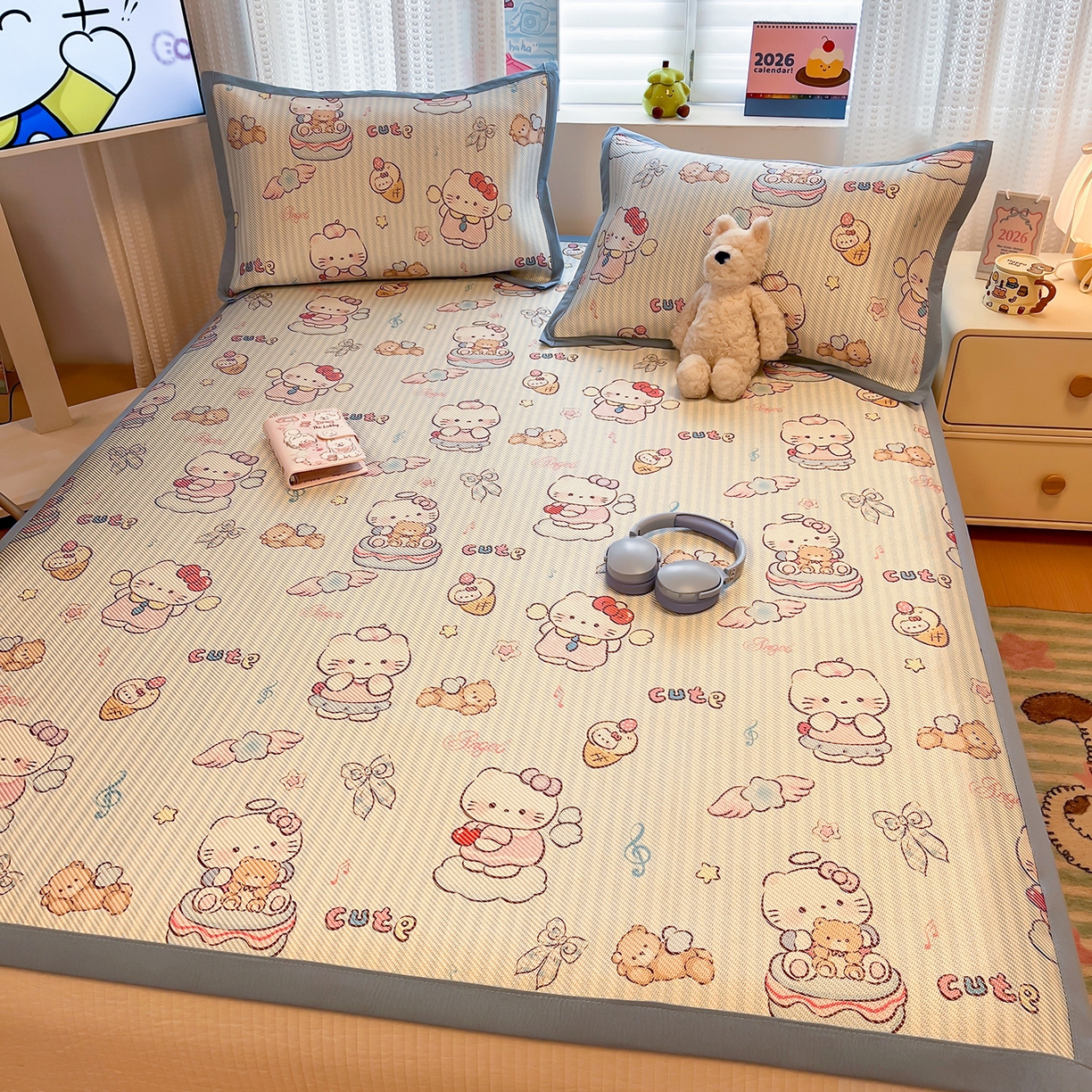 91家纺网 家纺一手货源 找家纺 懒猫家纺 2026春夏新款600D数码印花冰藤凉席席子-床席款 甜心天使