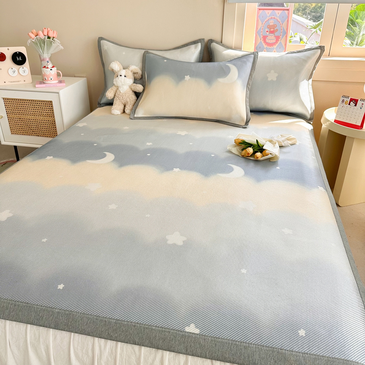 91家纺网 家纺一手货源 找家纺 懒猫家纺 2026春夏新款600D数码印花冰藤凉席席子-床席款 星月