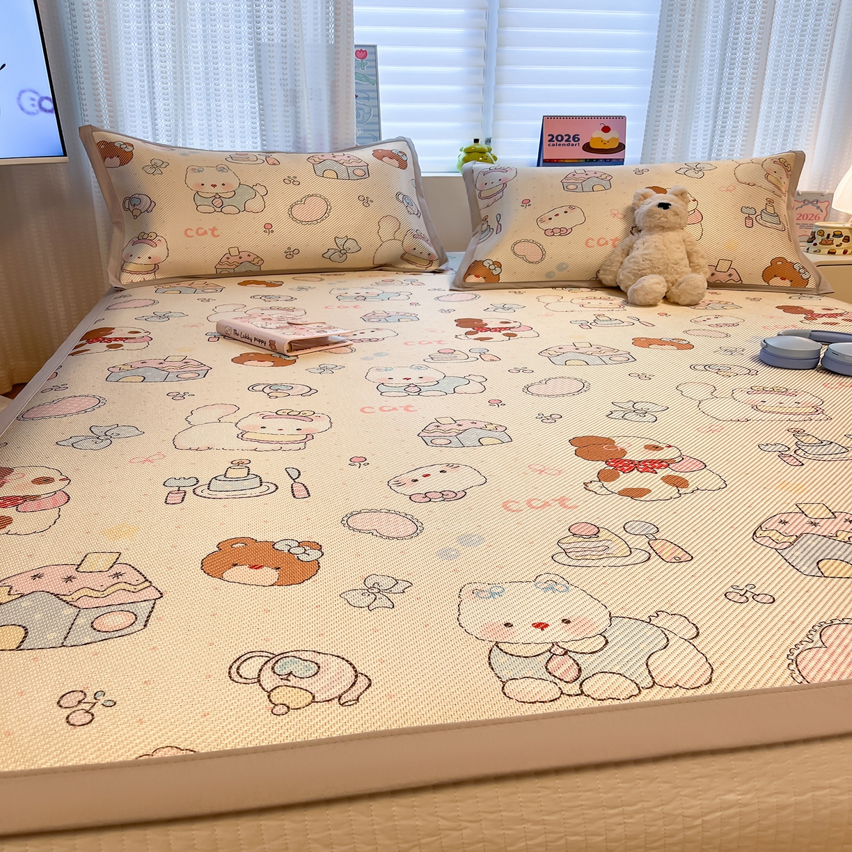 91家纺网 家纺一手货源 找家纺 懒猫家纺 2026春夏新款600D数码印花冰藤凉席席子-床席款 甜品小屋