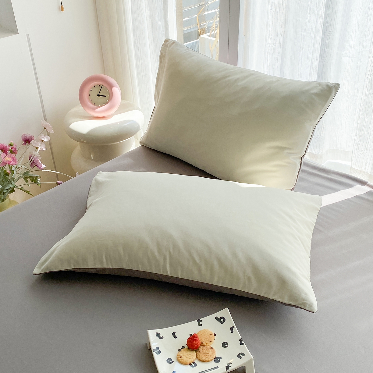 91家纺网 家纺一手货源 找家纺 女子家纺 2026新款全棉纯棉水洗棉布标四件套 奶白+时尚灰