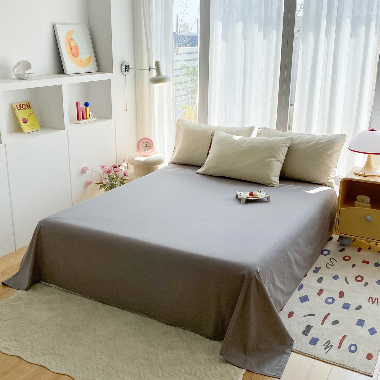 91家纺网 家纺一手货源 找家纺 女子家纺 2026新款全棉纯棉水洗棉布标四件套 奶白+时尚灰