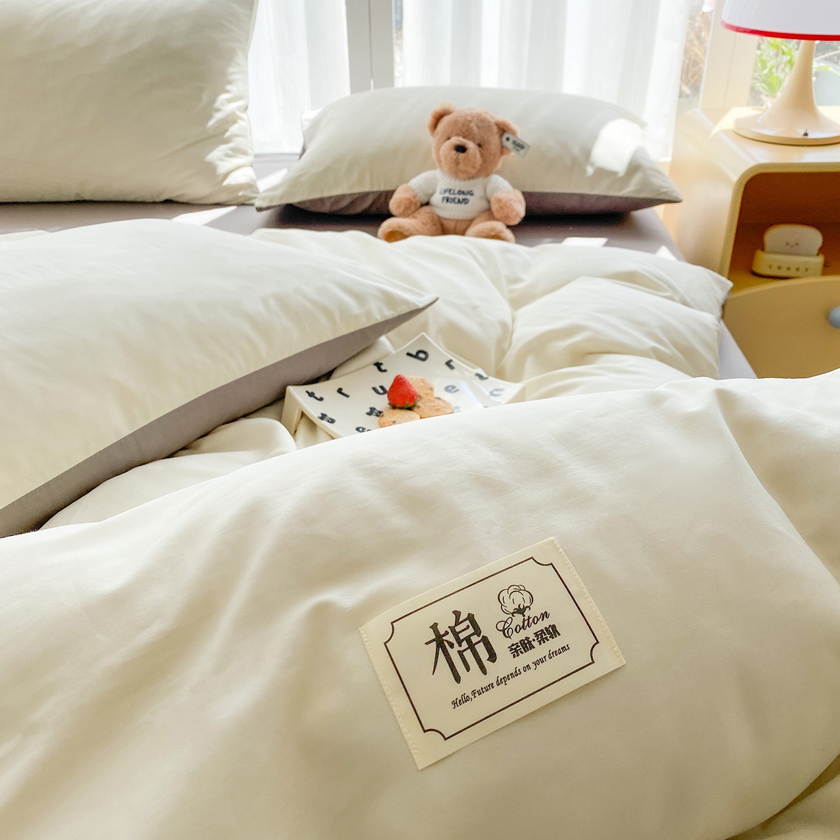 91家纺网 家纺一手货源 找家纺 女子家纺 2026新款全棉纯棉水洗棉布标四件套 奶白+时尚灰