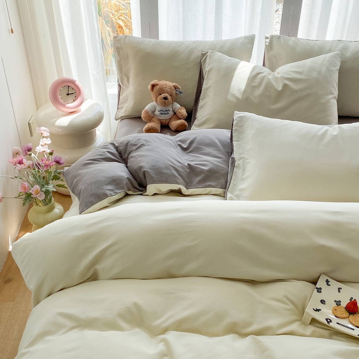 91家纺网 家纺一手货源 找家纺 女子家纺 2026新款全棉纯棉水洗棉布标四件套 奶白+时尚灰