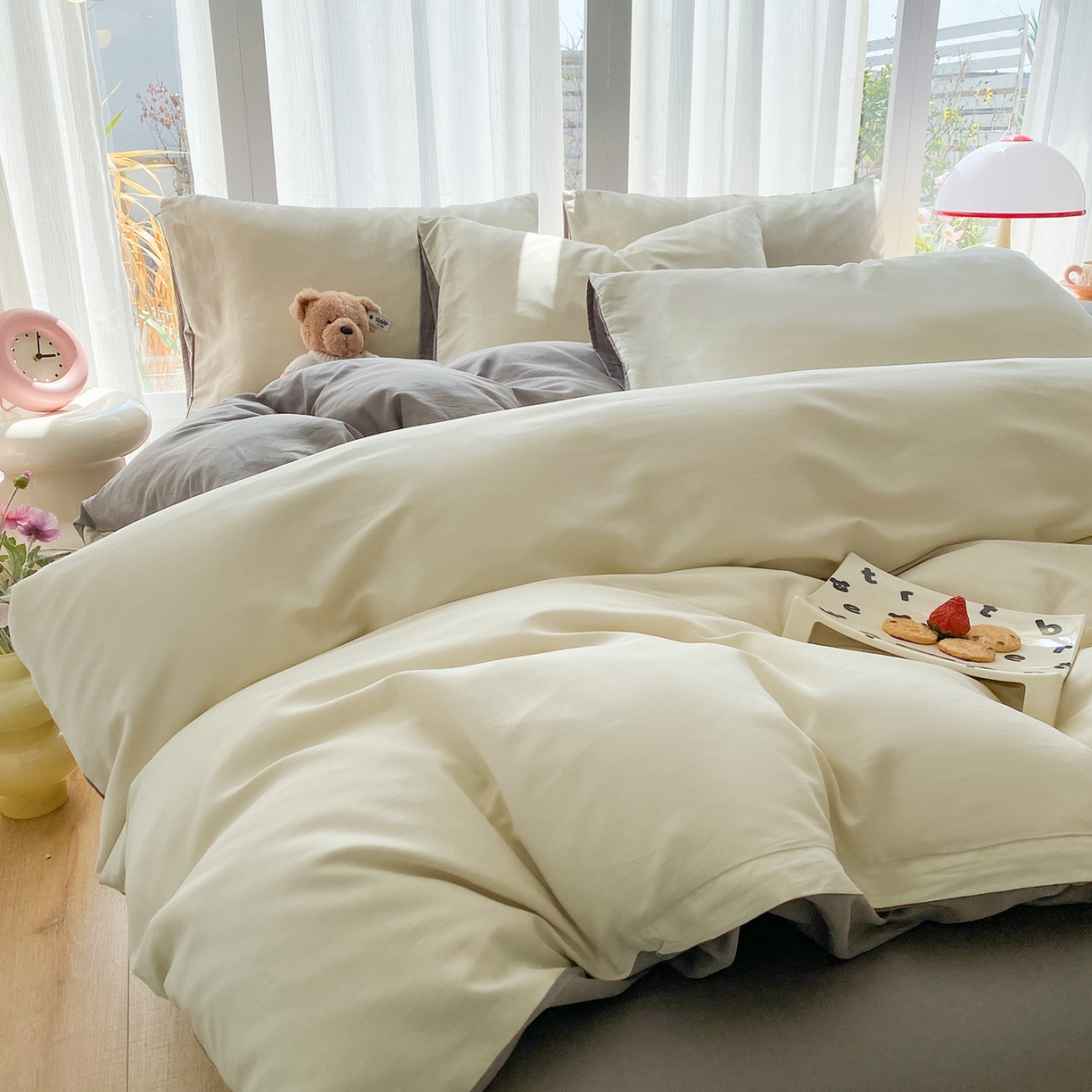 91家纺网 家纺一手货源 找家纺 女子家纺 2026新款全棉纯棉水洗棉布标四件套 奶白+时尚灰