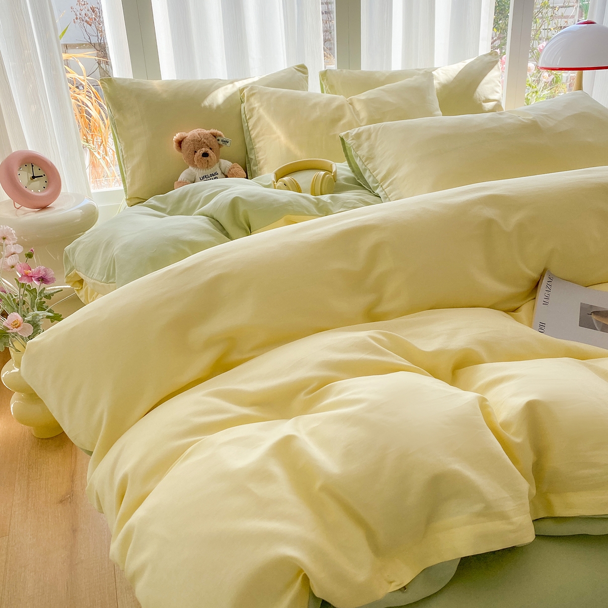 91家纺网 家纺一手货源 找家纺 女子家纺 2026新款全棉纯棉水洗棉布标四件套 奶黄