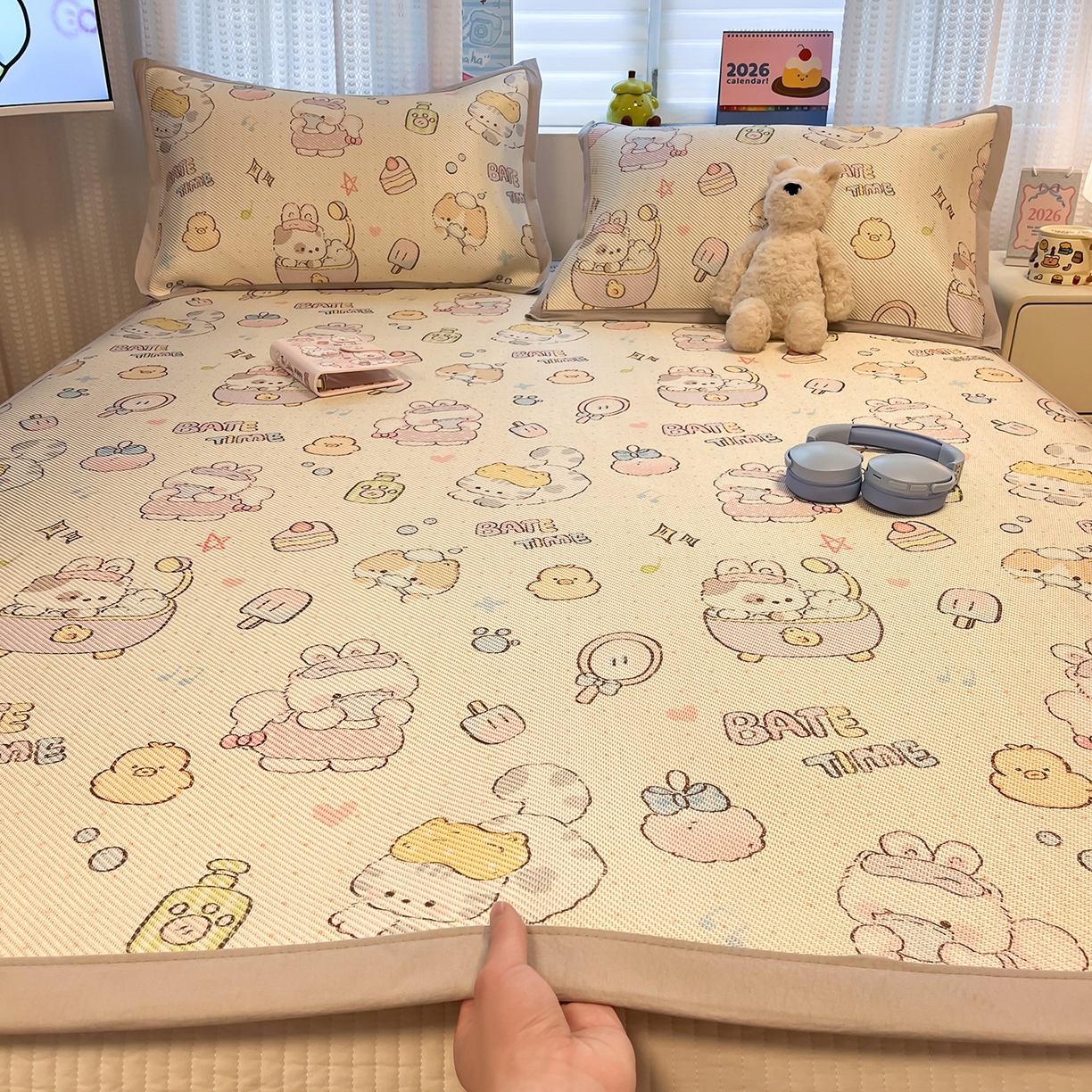 91家纺网 家纺一手货源 找家纺 （总）懒猫家纺 2026春夏新款600D数码印花冰藤凉席席子-床席款