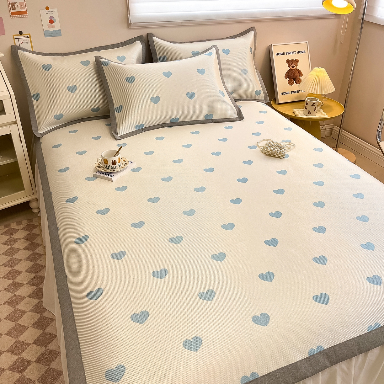 91家纺网 家纺一手货源 找家纺 懒猫家纺 2026春夏新款600D数码印花冰藤凉席席子-床席款 小爱心