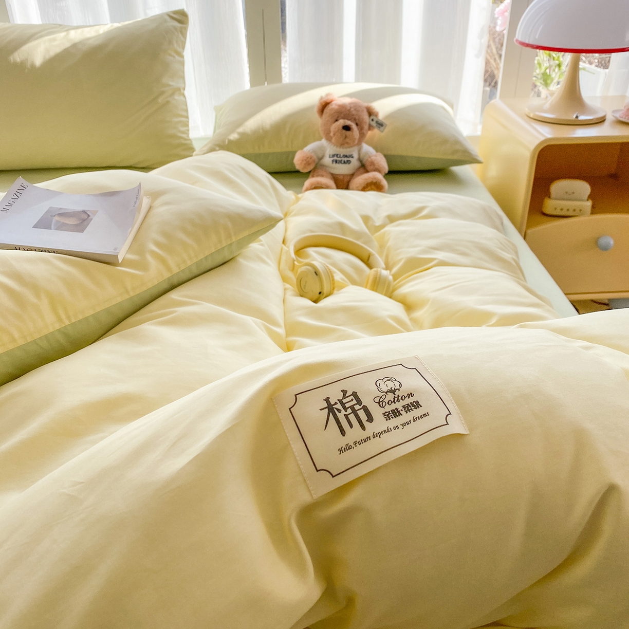 91家纺网 家纺一手货源 找家纺 女子家纺 2026新款全棉纯棉水洗棉布标四件套 奶黄