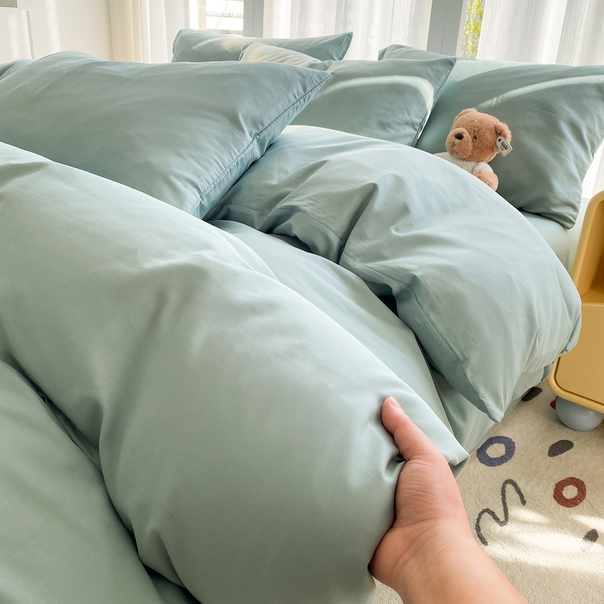 91家纺网 家纺一手货源 找家纺 女子家纺 2026新款全棉纯棉水洗棉布标四件套 浅蓝