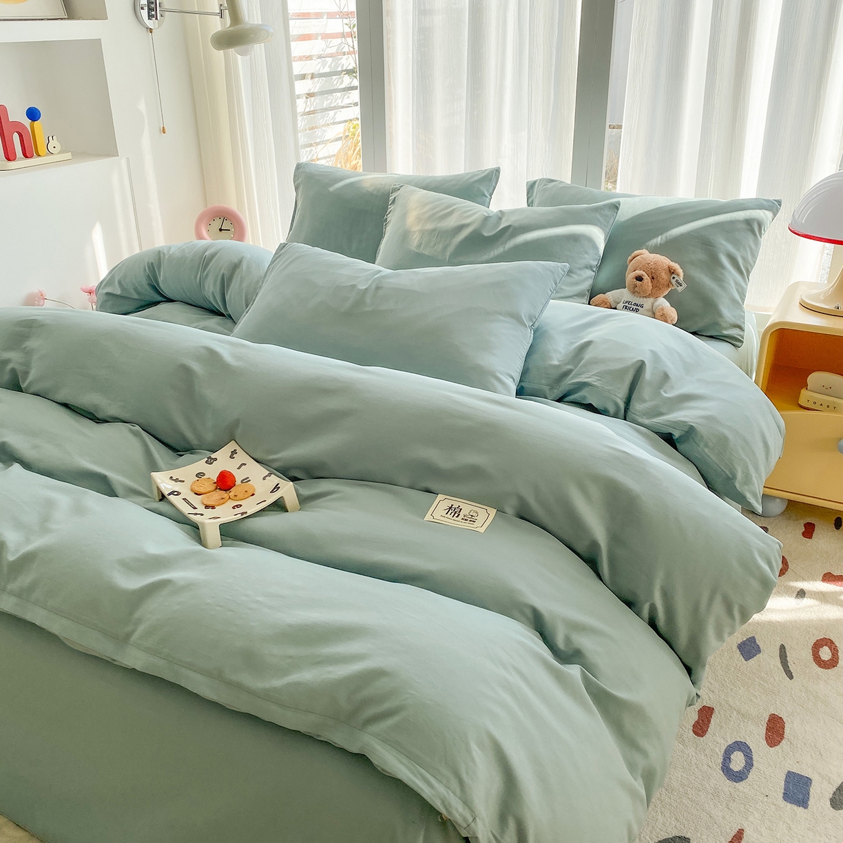 91家纺网 家纺一手货源 找家纺 女子家纺 2026新款全棉纯棉水洗棉布标四件套 浅蓝